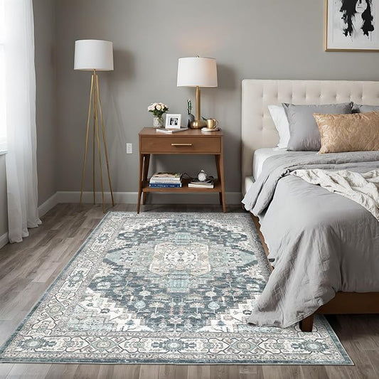 4x6 Vintage Washable Area Rug for Living Room,Low Pile Non Slip Carpet Non-Shedding Small Area Rug Soft Indoor Stain Resistant Rug Boho Print Mat for Bedroom Dining Room Blue Beige Multi