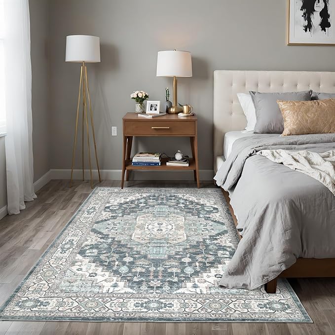 6x9 Vintage Washable Area Rug for Living Room,Low Pile Non Slip Carpet Non-Shedding Area Rug Soft Indoor Stain Resistant Rug Boho Print Mat for Bedroom Dining Room Blue Beige Multi