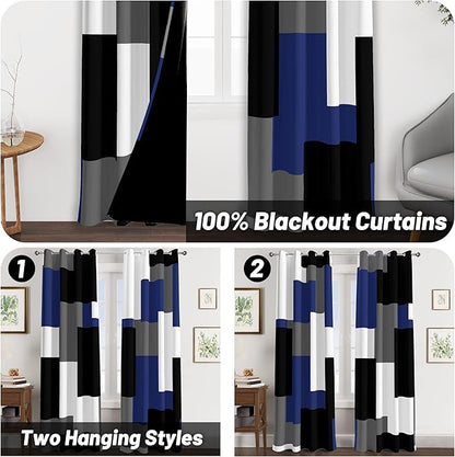 Navy Blue Grey 100% Blackout Curtains for Bedroom 84 inch Long 2 Panels Set Gray Modern Abstract Geometric Black Out Curtains Insulated Room Darkening Window Drapes for Living Room, 52Wx84L
