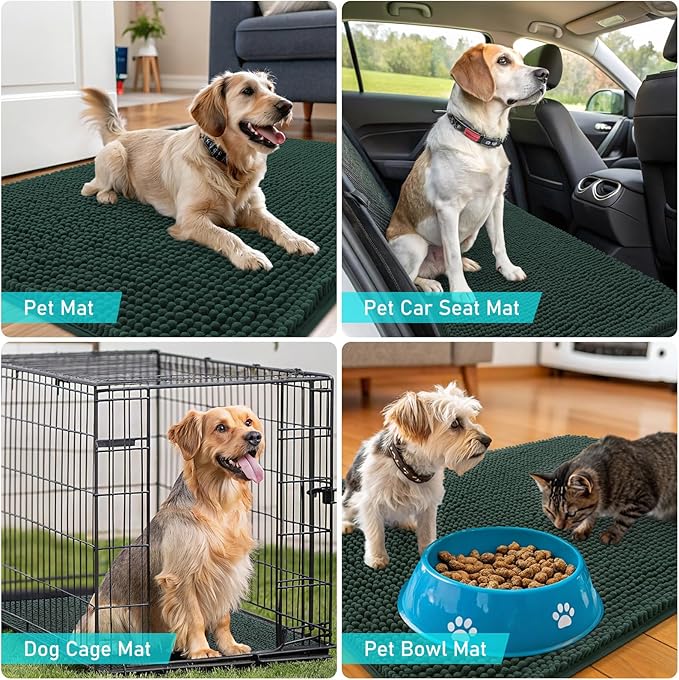 OLANLY Dog Door Mat for Muddy Paws 47x32, Absorbs Moisture and Dirt, Absorbent Non-Slip Washable Doormat, Quick Dry Chenille Mud Mat, Entry Indoor Entryway Carpet for Inside Floor, Blackish Green