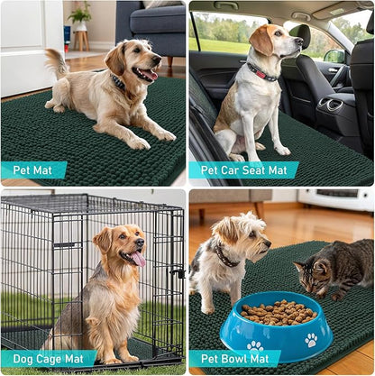 OLANLY Dog Door Mat for Muddy Paws 47x17, Absorbs Moisture and Dirt, Absorbent Non-Slip Washable Doormat, Quick Dry Chenille Mud Mat, Entry Indoor Entryway Carpet for Inside Floor, Blackish Green