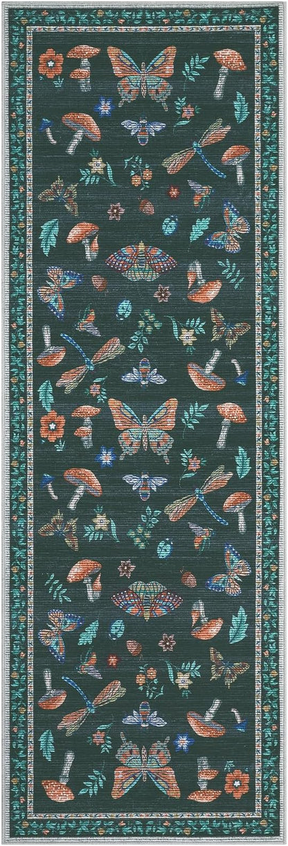 Mushroom Insect Rug 2x6 Runners for Hallways, Boho Kitchen Runner Rugs Non Slip Bath, Modern Washable Rug for Bedroom, Soft Long Rugs for Entryway Bathroom Laundry Dorm, Black