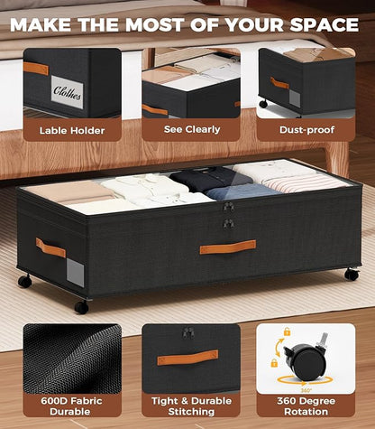 Under Bed Storage, 35.5 inches Under Bed Storage with Wheels, Large Capacity UnderBed Containers with Clear Lids, 2Pcs Rolling Under the Bed Storage for Clothes, Shoes, Blankets (Deep Black)