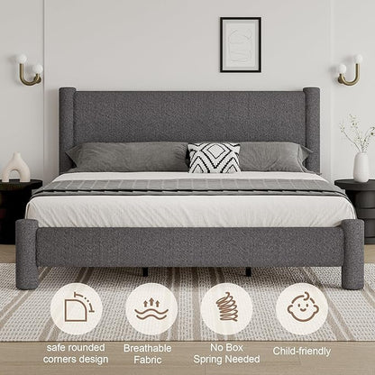 King Size Bed Frame, Boucle Upholstered Platform Bed with Headboard and Footboard, Soft Rounded Corners, No Box Spring Required, Easy Assembly, Dark Grey