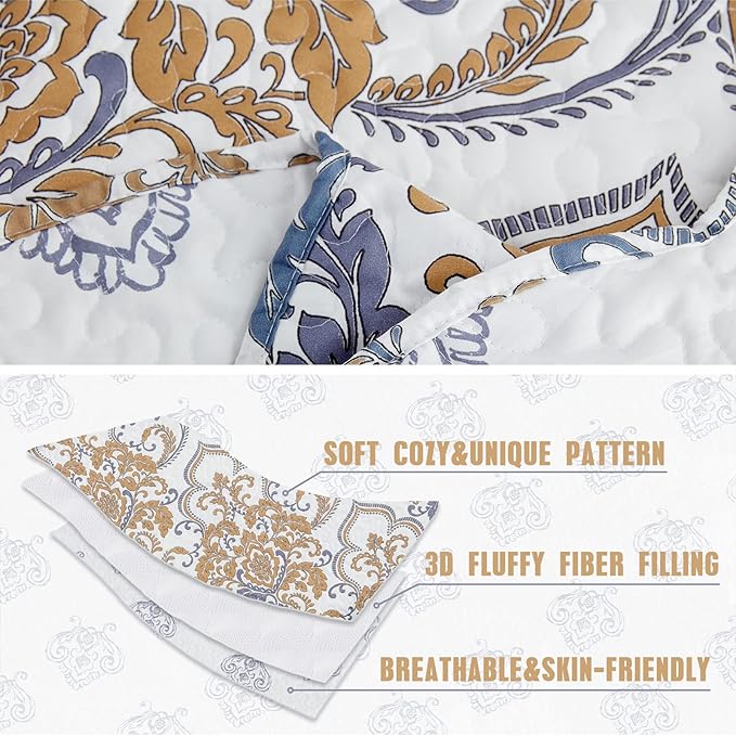CHIXIN Full Size Bedspread Quilt - Luxury Collection - European Damask Paisley Pattern - Classic & Gorgeous Bedding Cover, Lightweight, Ultra Soft, 5 Piece, 100% Microfiber, White/Khaki/Grey
