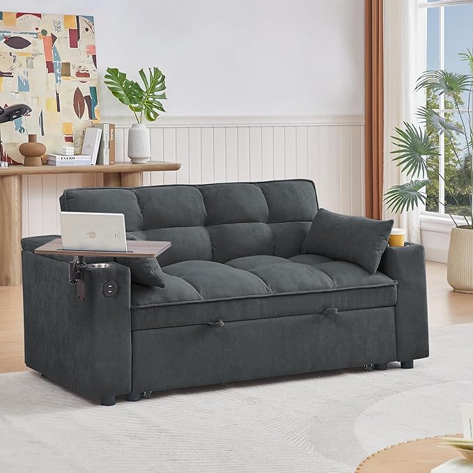 65'' 3-in-1 Folding Convertible Sofa Bed, Pullout Sofa, Modern Chenille Fabric, 360° Swivel Side Table, Easy Assembly, Perfect for Living Room, Grey
