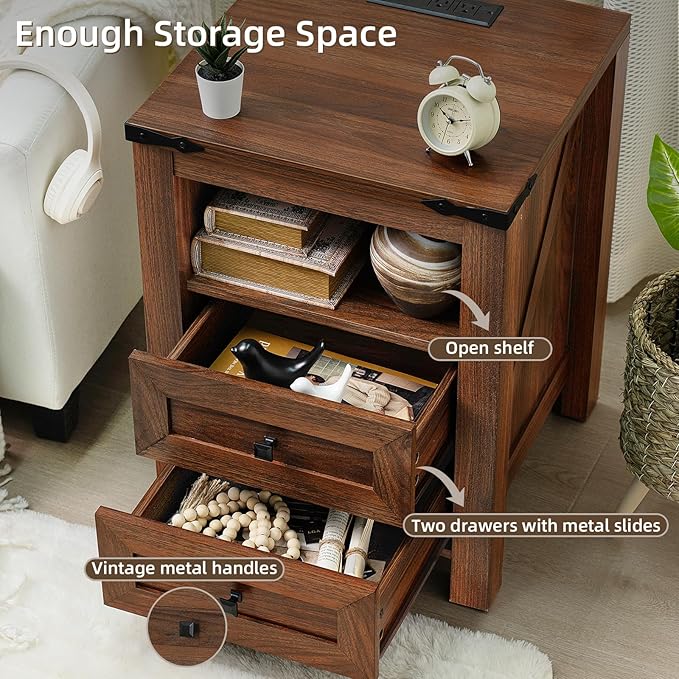Joaxswe Nightstands Set of 2 with Charging Station, Farmhouse Side End Table with 2 Drawers and Open Shelf, Wood Rustic Sofa Table, Bedside Cabinet for Bedroom, Living Room, Closet, Office(Brown)