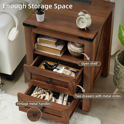 Joaxswe Nightstands Set of 2 with Charging Station, Farmhouse Side End Table with 2 Drawers and Open Shelf, Wood Rustic Sofa Table, Bedside Cabinet for Bedroom, Living Room, Closet, Office(Brown)