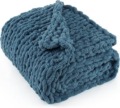 Chunky Knit Throw Blanket 50"X 60", 100% Handmade with Soft Chenille Yarn, 4.4lbs Thick Cable Knitted Blankets, Large Rope Knot Crochet Throws for Couch Sofa Bed Home Decor, Mineral Blue