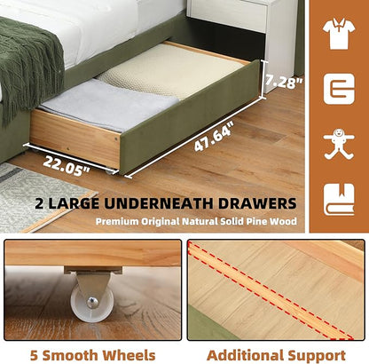 King Bed Frame with Storage & Built-in Nightstands, Velvet Upholstered Platform Bed Frame with Drawers & 2 Floating Storage Shelves, Noise-Free, No Box Spring Needed, Easy Assembly, Green