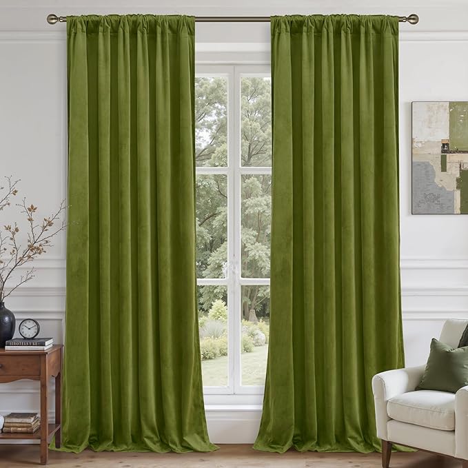 LAMIT Moss Green Velvet Curtains for Living Room, 120 Inches Thermal Insulated Room Darkening Panels Super Soft Back Tab and Rod Pocket Window Drapes for Bedroom, 2 Panels, 52 x 120 Inch
