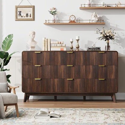 QUW Fluted 59.1" Wide Modern Dresser for Bedroom with 9 Drawers, Tall Chest of Drawers with Metal Handle, Wooden Dresser TV Stand, Hallway, Living Room, Dark Walnut