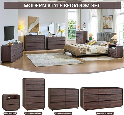 9 Drawer Double Dresser for Bedroom, Modern Curved Wood Chest Drawers of Handleless, Large Storage Dresser Bedroom, Living Room, Entryway, Walnut