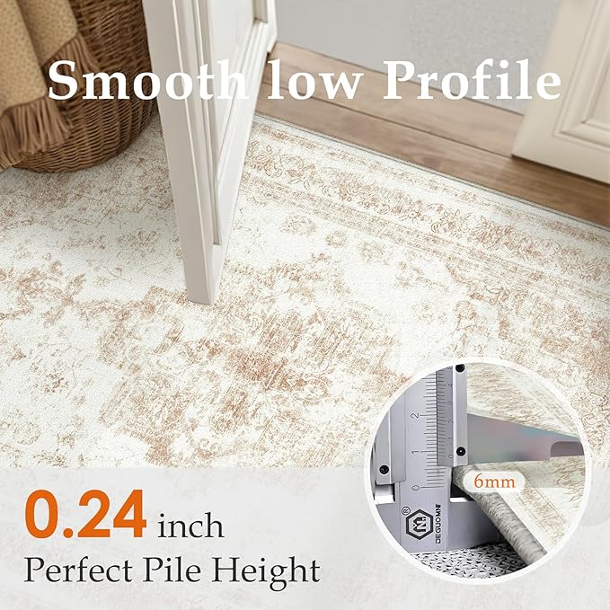 Area Rug 3x5 Cream Washable Office Entryway Vintage Medallion Beige Carpet Non Slip Retro Indoor Mat Low Pile Soft Distressed Small Rug for Bedroom Kitchen Laundry Dining Room