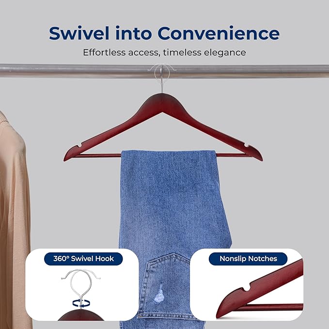 SereneLife 20-Pack Wooden Coat Hangers – Durable Suit Hangers with 360° Swivel Hook & Notches – Slim Design for Shirts, Jackets, Dresses, and More