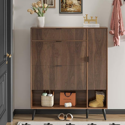 Shoe Storage Cabinet with 2 Flip Drawers, Narrow Shoe Cabinet for Entryway, Freestanding Slim Hidden Shoe Organizer Cabinet with Doors, Adjustable Shelf, Open Storage Space (Walnut)
