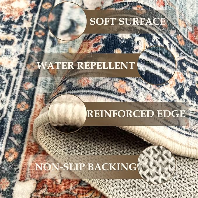 Area Rugs Square 6ft Washable Non-Slip, Floral Vintage Distress Print Pattern Medallion Carpet for Living Room Bedroom Dining Room, Beige Navy Blue Orange Colorful