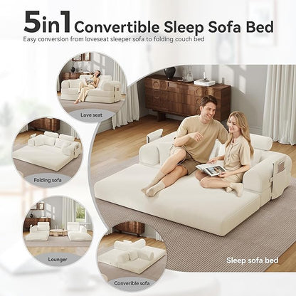 Upgrade High Backrest Design Sofa Bed with Fixed-Shape Frame & Removable Armrests and Backrest, 2 Corduroy Pillow, Convertible Mattress Couch for Small Spaces - No Assembly (High Backrest Beige)