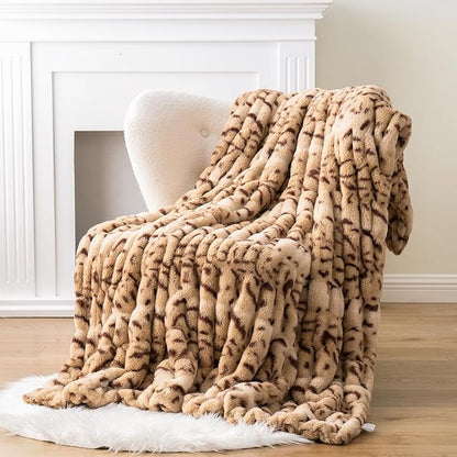 BATTILO HOME Luxury Ruched Faux Fur Throw Blanket Leopard Print, Double Side Soft Warm Rabbit Fur Blanket for Bed, Couch, Fall Throw Blanket for Home Decor, Large Cozy Mink Blanket 60"x80"