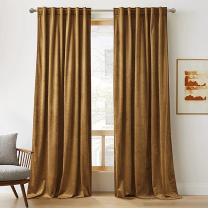 RYB Home Velvet Curtains 108 inches, Soft Durable Drapes Room Darkening Privacy Window Treatment Farmhouse Decor for Living Room Sliding Glass Door, Golden Brown, W52 x L108 inches, Set of 2