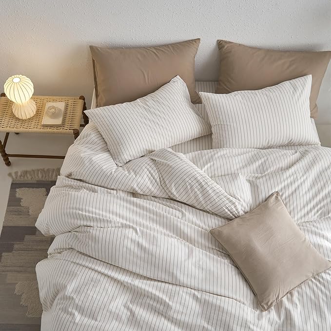 MooMee Striped Duvet Cover Set 100% Washed Cotton Linen Like Textured Breathable Durable Soft Comfy (White Tannish Linen Grey Wide Stripes, Twin 68"x90")
