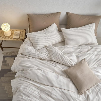 MooMee Striped Duvet Cover Set 100% Washed Cotton Linen Like Textured Breathable Durable Soft Comfy (White Tannish Linen Grey Wide Stripes, Twin 68"x90")