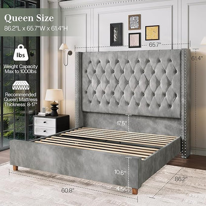 Jocisland Queen Size Bed Frame with 61.4" Tall Headboard, Velvet Upholstered Wingback Platform Design, Handcrafted Pleats& Deep Button Tufted, Solid Wood Legs, No Box Spring Needed, Gray