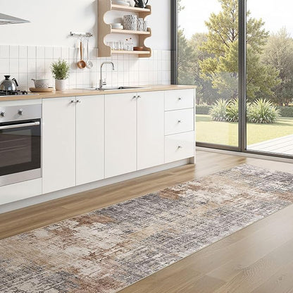 Washable Runner Rug for Hallway: 2.6x10 Neutral Modern Abstract Low Pile Area Rug with Non-Slip Backing - Carpet for Bedroom Kitchen Laundry Entryway Bathroom Indoor - Grey Brown