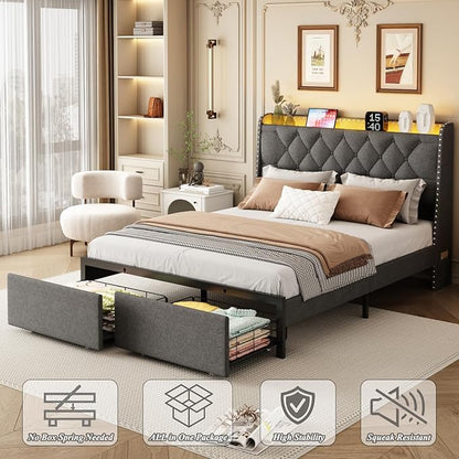 Queen Size Bed Frame with Storage Headboard and 2 Drawers, Upholstered Button Linen Platform Bed frame with Led Lights and Charging Station, No Box Spring Needed, Easy Assembly, Noise Free, Gray