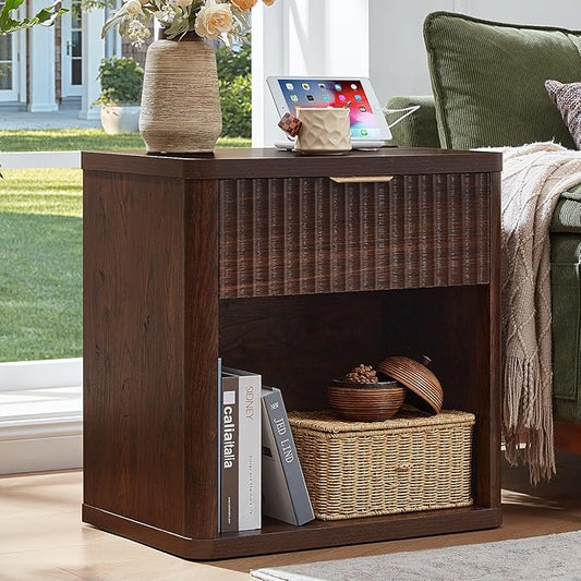 LEYAOYAO 23" Wide Fluted Night Stand with Charging Station, 1 Drawers Large End Table with Storage, Walnut Nightstand Wood Bedside Tables, Farmhouse Cabinet Dresser for Bedroom, Closet