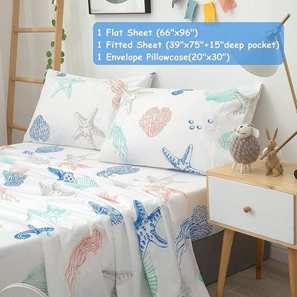 JSD Beach Theme Kids Sheet Set Twin, 3 Piece Starfish Jellyfish Coastal Summer Microfiber Bed Sheets Deep Pocket