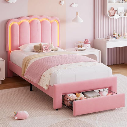 Velvet Upholstered Twin LED Bed Frame with Storage Drawer and Adjustable Chic Double Wavy Headboard, Princess Platform Bed for Girls/Kids, Solid Wood Slats Support, No Box Spring Needed, Pink