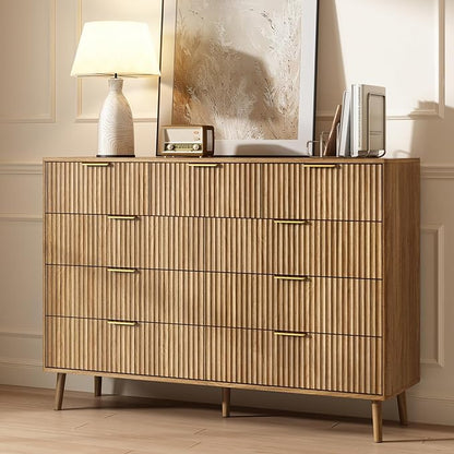 CARPETNAL Fluted 9 Drawer Dresser for Bedroom, 55" Wide Wooden Chest of Drawers with Rounded Corners, Gold Handles, Modern Storage Organizer for Bedroom, Hallway(Walnut)