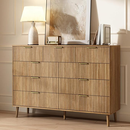 CARPETNAL Fluted 9 Drawer Dresser for Bedroom, 55" Wide Wooden Chest of Drawers with Rounded Corners, Gold Handles, Modern Storage Organizer for Bedroom, Hallway(Walnut)