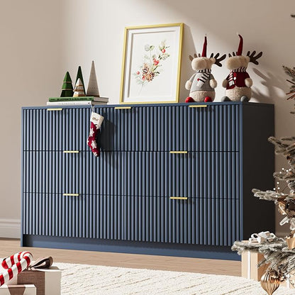 Navy 7 Drawer Dresser for Bedroom, 55.9" Wide Modern Fluted Dresser with Gold Metal Handles, Wide Chest of Drawers for Bedroom, Living Room, Entryway, Hallway