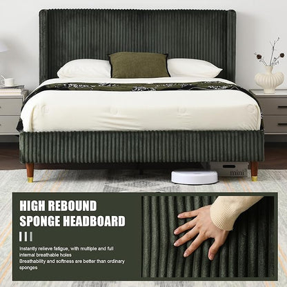 PINJU Full Size Bed Frame, Upholstered Platform Bed with Modern Vertical Striped Wingback Headboard with Wooden Slats, Easy to Assemble No Noise Free (Green, Full)