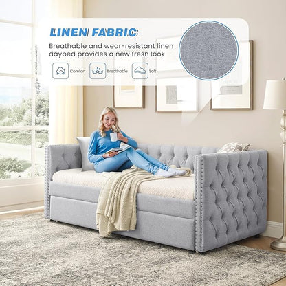 Antetek Daybed with Trundle, Upgraded Linen Upholstered Twin Size Day Bed Button-Tufted Sofa Daybed Frame with A Trundle,No Box Spring Needed,Furniture for Bedroom Living Room (Light Grey, Twin)