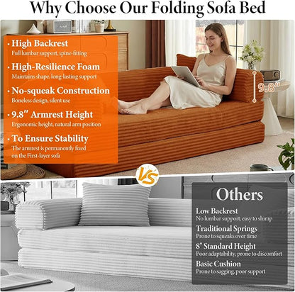 Convertible Futon Sofa Bed, Fold Out Floor Sofa Couch with Sleeper Sofa,Folding Boneless Couches with Deep Seat,Cloud Corduroy Foldable Mattress Couch for Living Room (Orange)