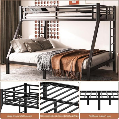 Twin XL Over Queen Bunk Bed Frame, Heavy Duty Metal Loft Bed for Adults/Teens, 350/600LB Capacity w/Ladder & Guardrail, Noise-Free Steel Slats, No Box Spring Required, Black