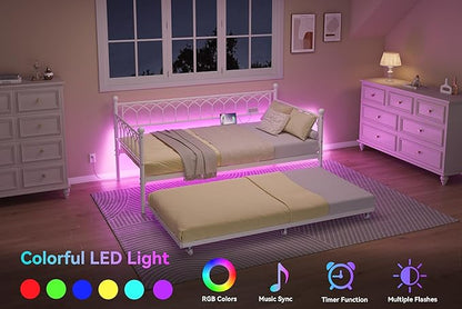 GarveeHome Daybed with Trundle, Metal Twin Trundle Bed with Charging Station & LED Lights, Sofa Beds Frame with Pull Out Bed for Living Room, Guest Room, Apartment, Small Spaces, White