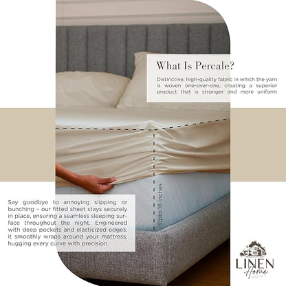 Linen Home 100% Cotton Percale Sheets Full Size, Light Taupe, Deep Pocket, 4 Pieces Set - 1 Flat, 1 Deep Pocket Fitted Sheet and 2 Pillowcases, Crisp Cool and Strong Bed Linen