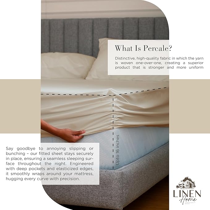 Linen Home 100% Cotton Percale Sheets Queen Size, Light Taupe, Deep Pocket, 4 Pieces Set - 1 Flat, 1 Deep Pocket Fitted Sheet and 2 Pillowcases, Crisp Cool and Strong Bed Linen