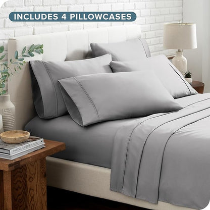 Bare Home Hotel Luxury Cal King Sheet Set, Extra Soft, 6 Piece Set, Deep Pockets, Easy Fit, Cooling & Breathable, Wrinkle, Fade, Stain Resistant, Includes 4 Pillowcases (California King, Light Grey)