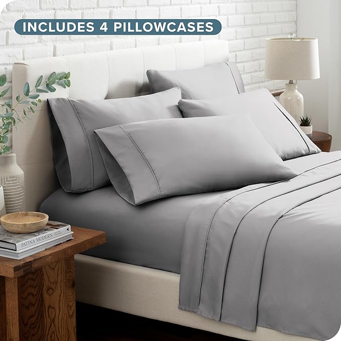 Bare Home Hotel Luxury Queen Sheet Set, Extra Soft - 6 Piece Set - Deep Pockets - Easy Fit - Cooling & Breathable - Wrinkle, Fade, Stain Resistant - Includes 4 Pillowcases (Queen, Light Grey)
