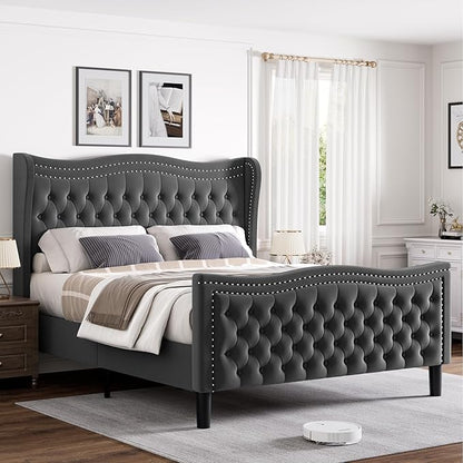 King Bed Frame with Tall Headboard & Footboard, Velvet Upholstered Platform Bed Frame with Deep Button Tufted Wingback, No Box Spring Needed, Noise Free, Grey