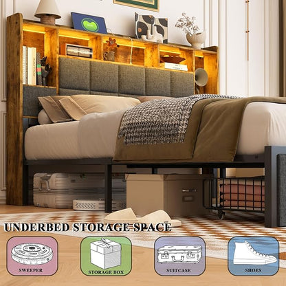 LED Bed Frame Queen Size with 2 Hidden Storage Drawers, Bookshelf Headboard, Upholstered Platform Metal Bed Frame with Charging Station, Metal Slats Support, Noise Free, No Box Spring Needed
