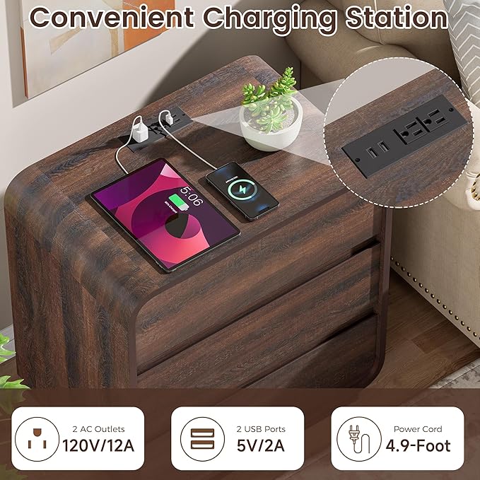 Walnut 3 Drawers Nightstand, 25" Tall Wooden Bedside Table with Charging Station, Large Side Table Curved Profile, Handleless, Large End Table Night Stand for Bedroom, Office
