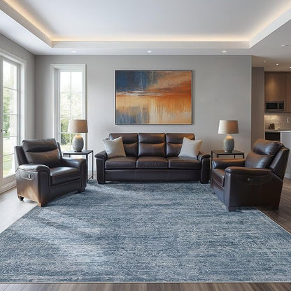 Area Rug Living Room Rugs - 8x10 Washable Large Soft Indoor Neutral Modern Abstract Low Pile Rug Carpet for Bedroom Dining Room Farmhouse Home Office - Dark Blue