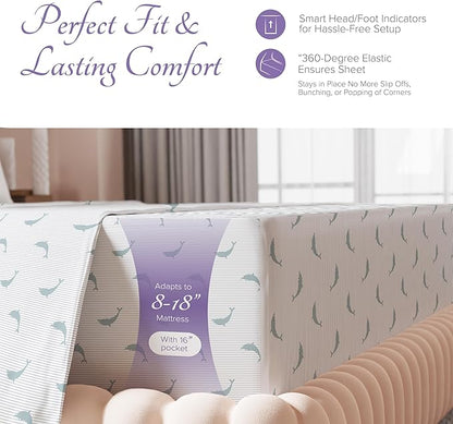 Carressa Linen Luxury Egyptian Cotton Queen Printed Sheet Set - 600 Thread Count Extra Long Staple 4 PC Set, Dolphin Dance Queen Printed Sheets, Soft, Cooling Sheets Upto 18 in Deep Pocket
