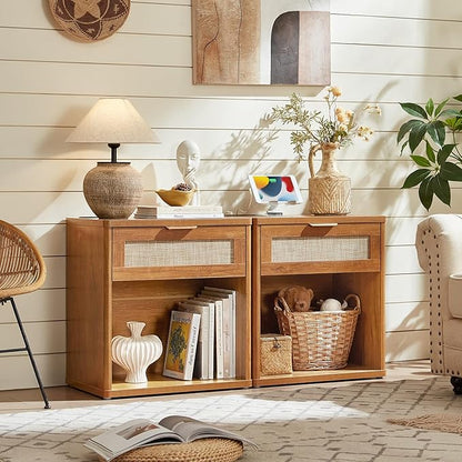 LEYAOYAO Rattan Nightstands Set of 2 with Charging Station, Natural Wood Night Stand with Drawer, 23" Wide Boho Bedside Table Open Cabinet, Bed Side Table Dresser for Bedroom, Living Room, Entrance